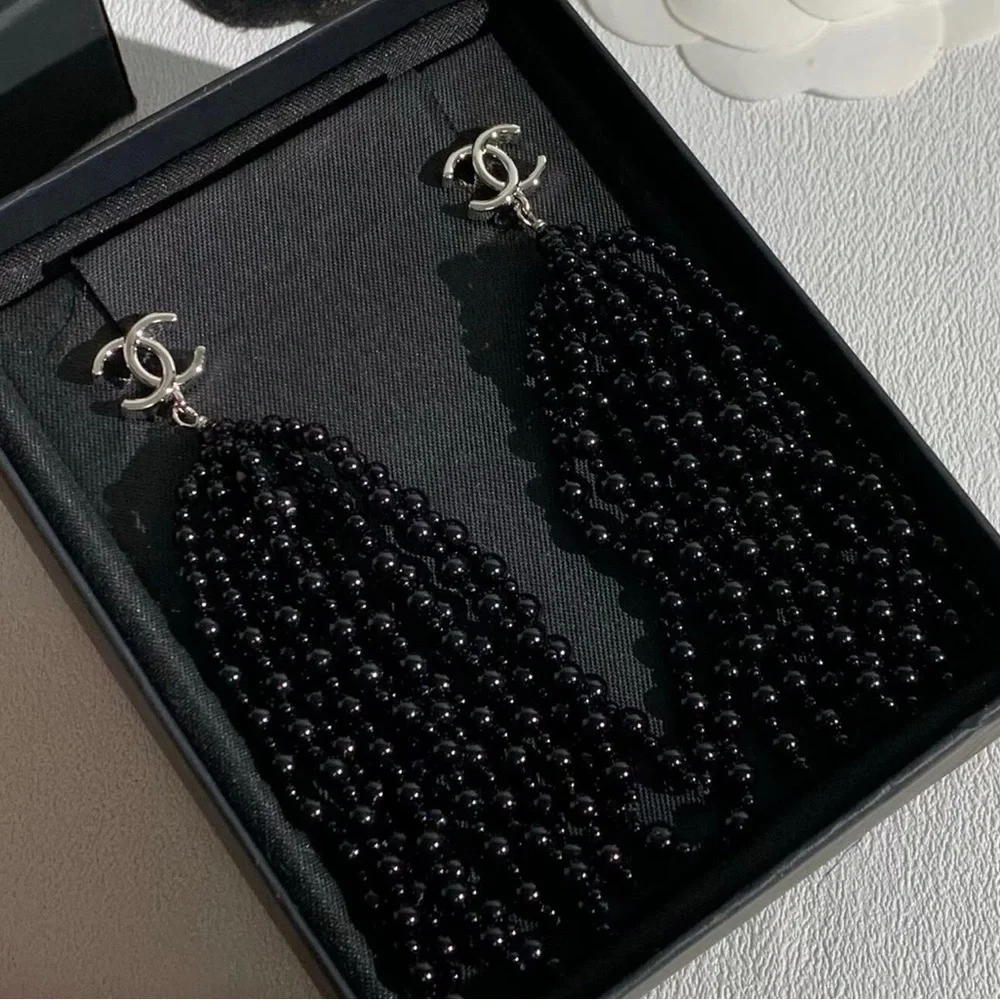 CHANEL Silver CC Black Beaded Tassel Drop Earrings